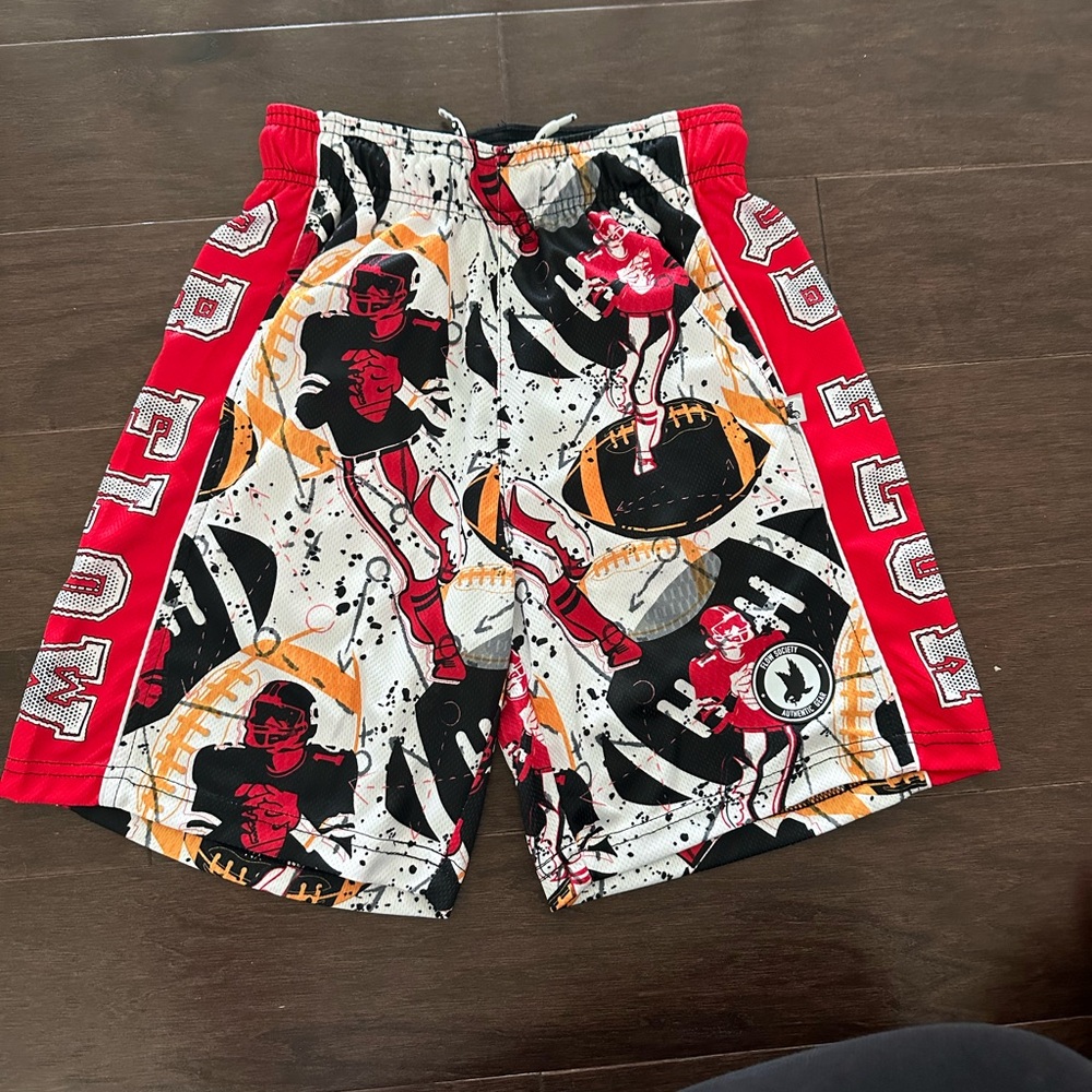 Society Youth Graphic Shorts with Red and Black Accents
